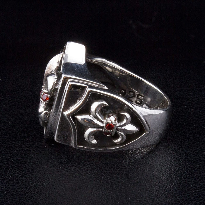 Gothic Fleur De Lis shield ring in solid sterling silver side profile