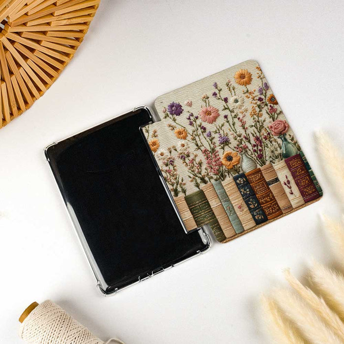 Tablet case with floral design on a white surface