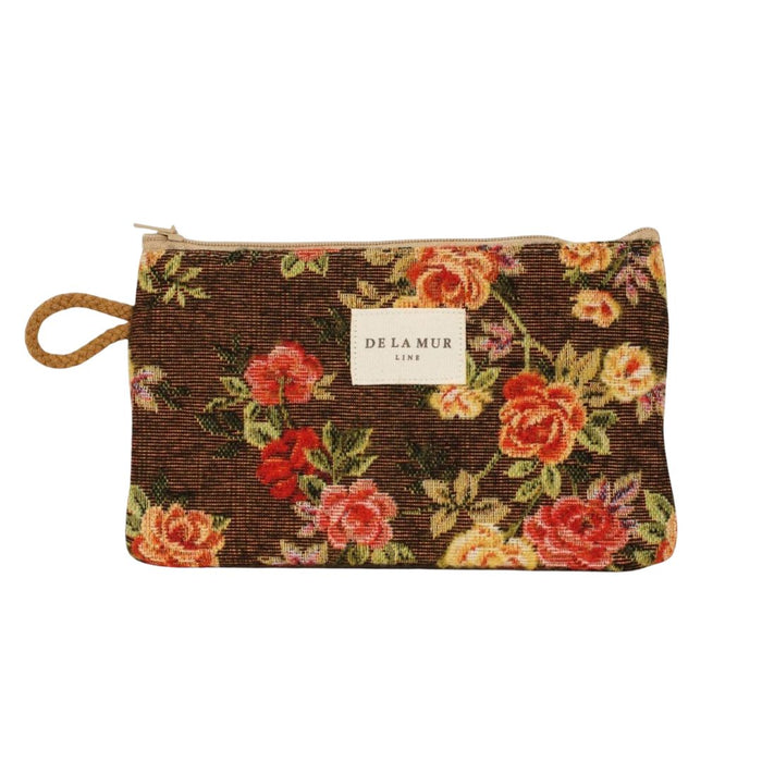 Small floral jacquard makeup bag in brown and red by DE LA MUR LINE US Inc, featuring intricate floral patterns and compact design.