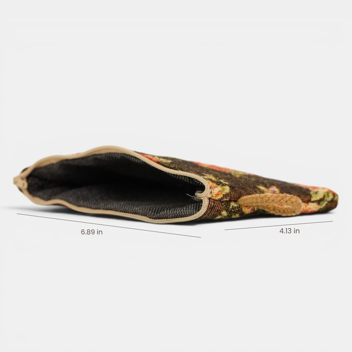 Brown and red floral jacquard makeup bag by DE LA MUR LINE US Inc, featuring a small, elegant pouch with intricate floral patterns.