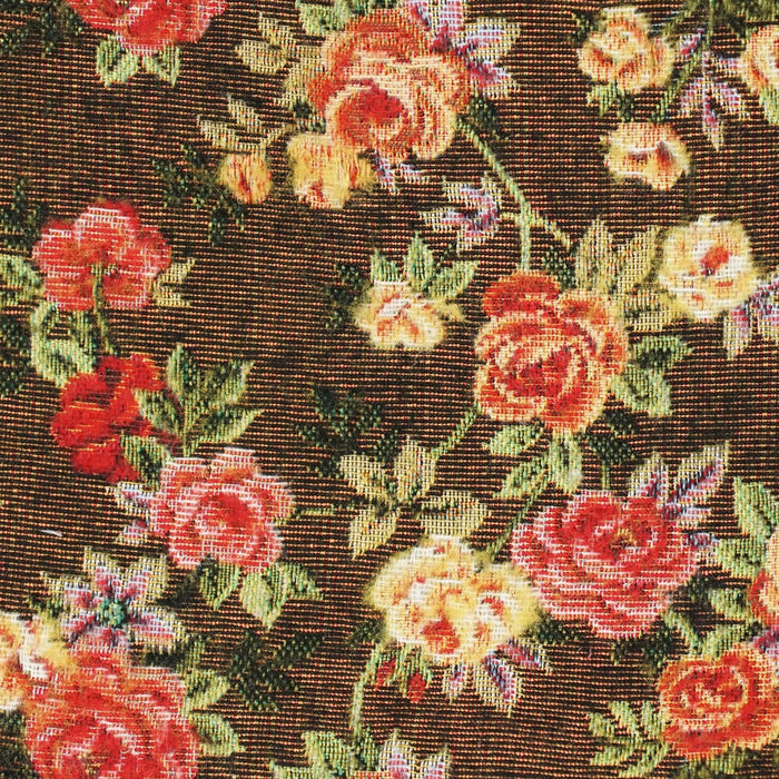 Floral jacquard small makeup bag in brown and red with a zipper closure, made by DE LA MUR LINE US Inc.
