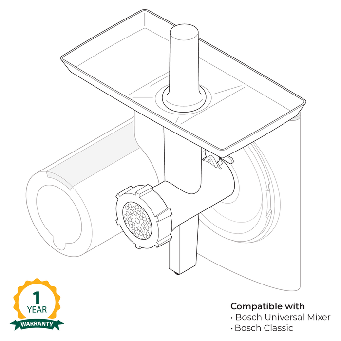Technical illustration of the Bosch meat grinder attached to the universal plus mixer