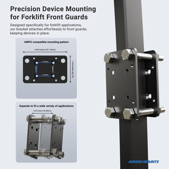 The Forklift Front Guard Mount is shown from side and angled views, featuring heavy-duty steel plates, AMPS compatible diagrams, and adjustable expansion for warehouse vehicle accessories.