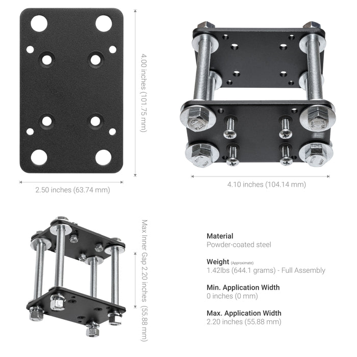 The Forklift Front Guard Mount is a powder-coated heavy-duty steel plate with bolts and nuts. Ideal for warehouse vehicles, it measures 4x2.5 (top), 4.1x2.2 (side) with up to 2.24 gap, and weighs 1.42 lbs.