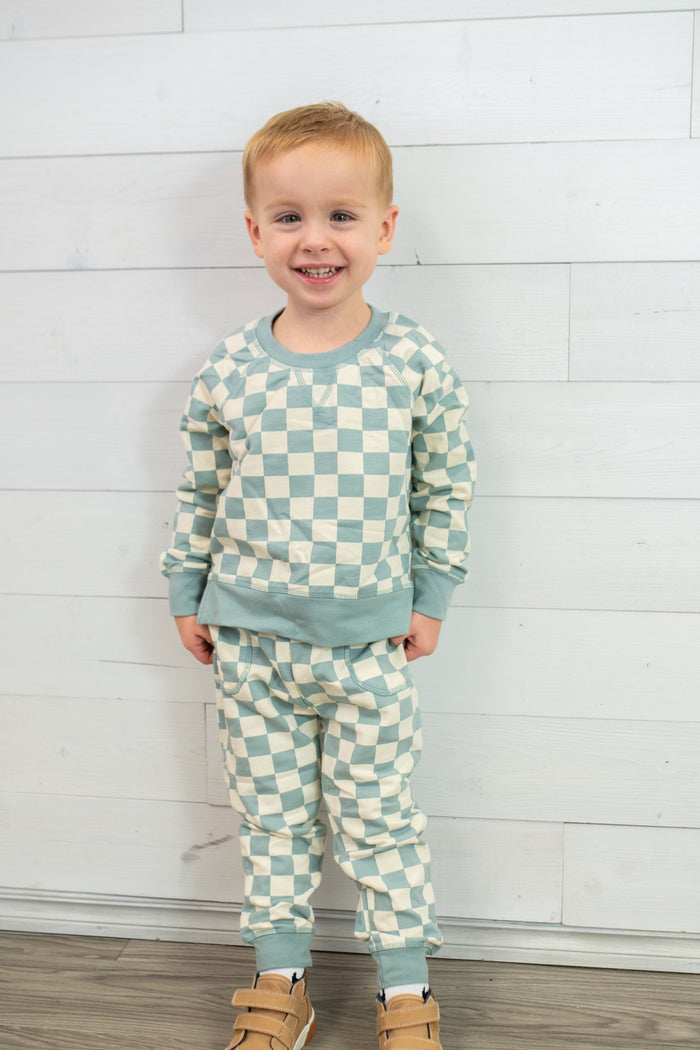 French Terry Checkerboard Gray Mist Raglan Sweatshirt with Jogger Set
