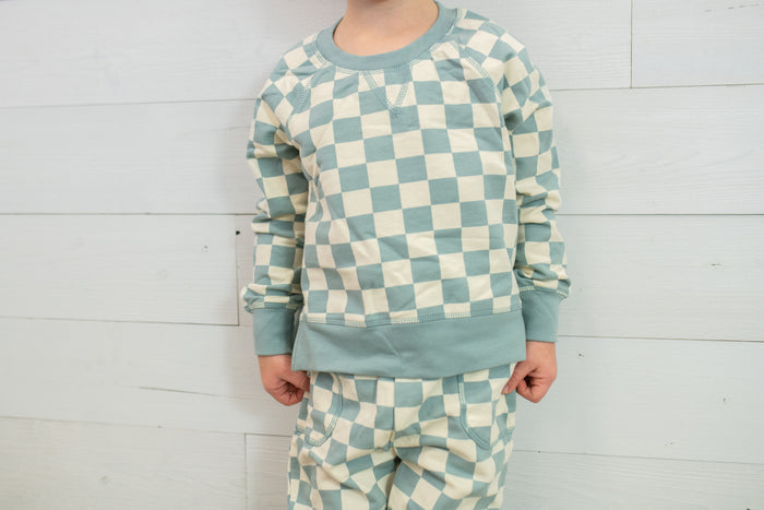French Terry Checkerboard Gray Mist Raglan Sweatshirt with Jogger Set