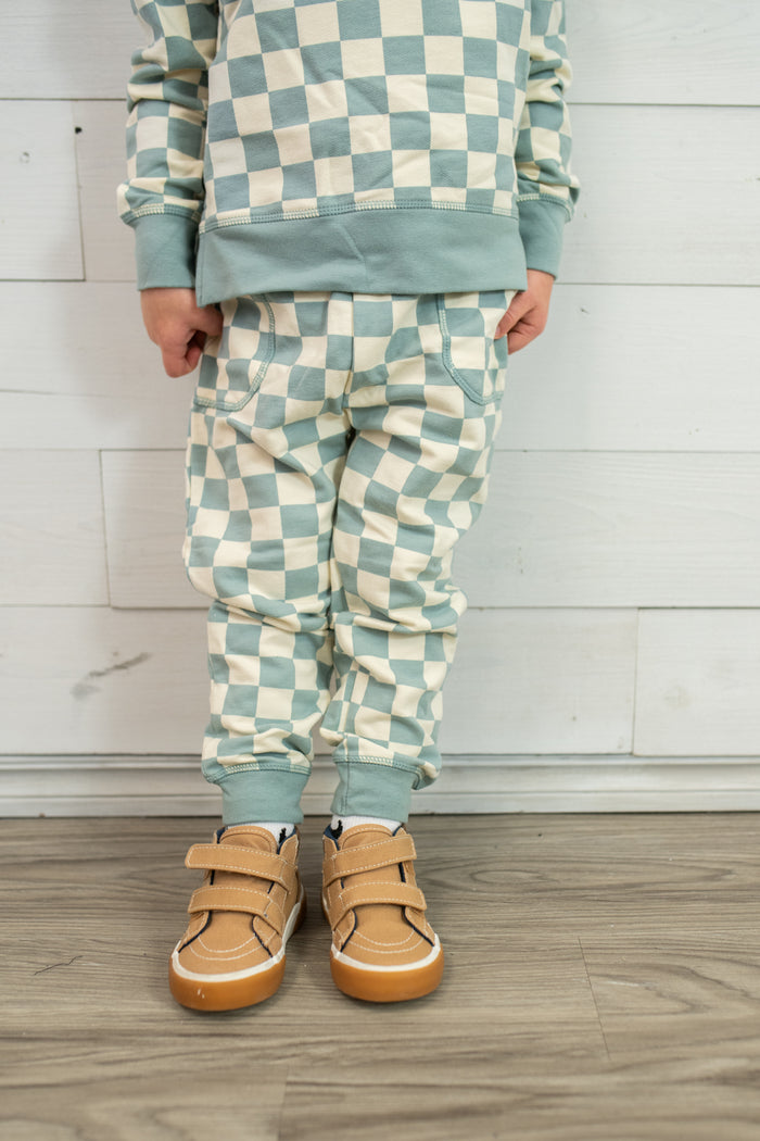 French Terry Checkerboard Gray Mist Raglan Sweatshirt with Jogger Set
