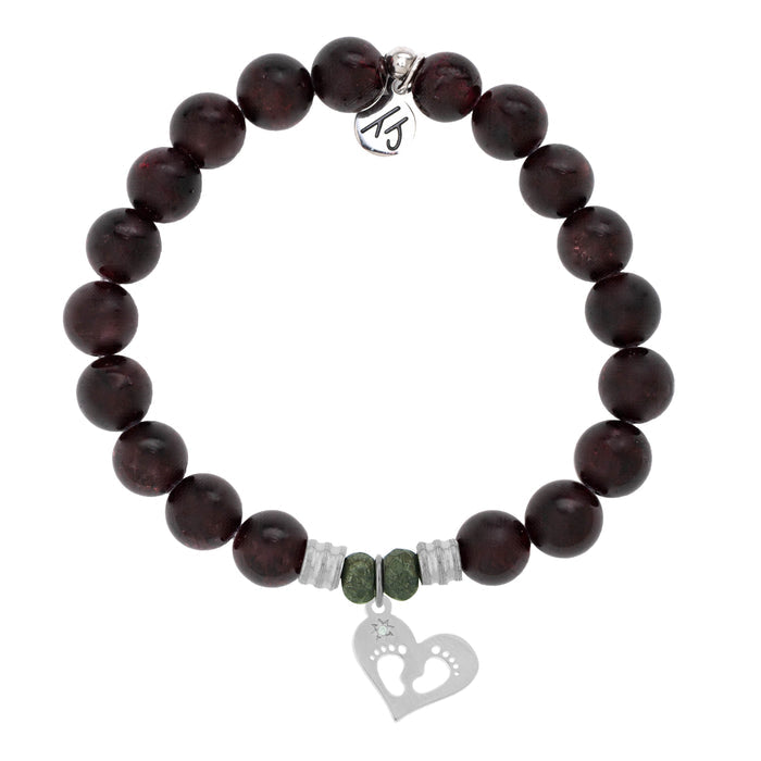 Garnet Stone Bracelet with Baby Feet Sterling Silver Charm
