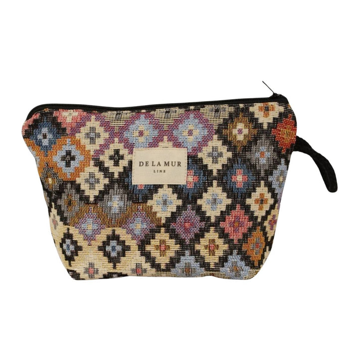 Multicolor geometric jacquard makeup pouch by DE LA MUR LINE US Inc, small bag for cosmetics and accessories.