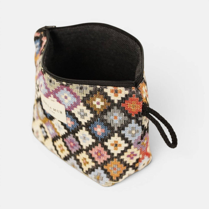 Multicolor geometric jacquard small makeup pouch from DE LA MUR LINE US Inc, stylish bag with intricate pattern and compact design.