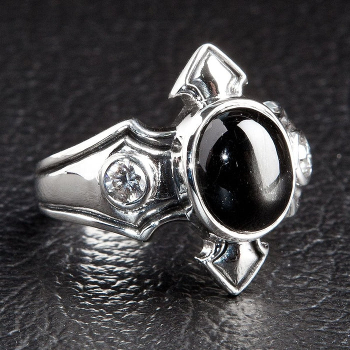 Angled view of Mens Black Onyx Silver Ring with Gothic detailing and CZ accents
