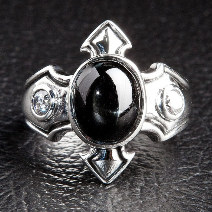 Top down view of oval Black Onyx gemstone ring set in 925 silver