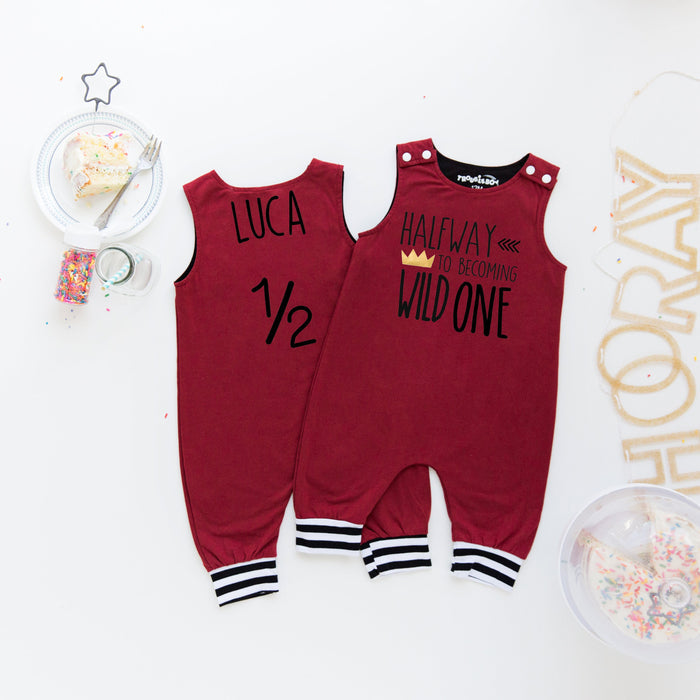 Gray Wild One Half Birthday Romper with Striped Cuff