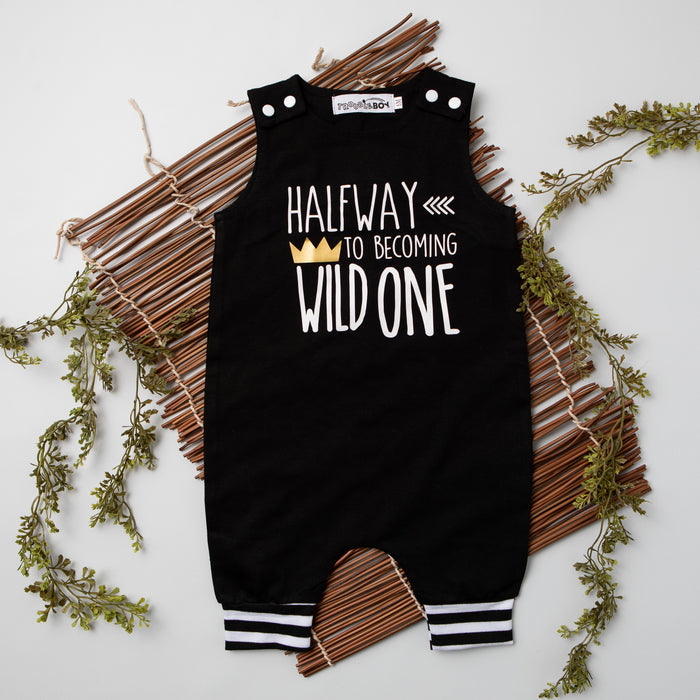 Gray Wild One Half Birthday Romper with Striped Cuff