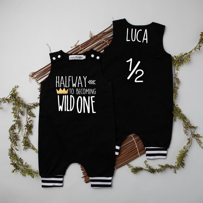 Gray Wild One Half Birthday Romper with Striped Cuff