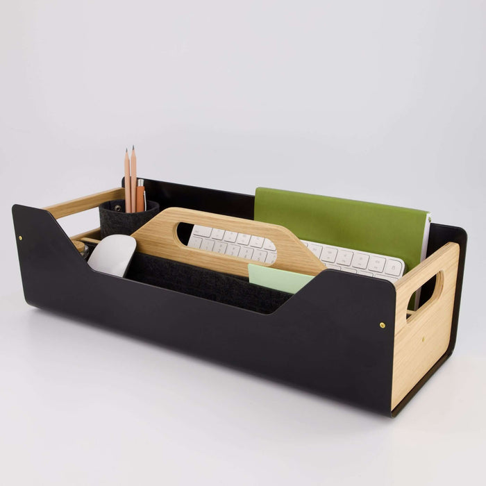 Gustav Dot XL Black desk organizer – side view with accessories