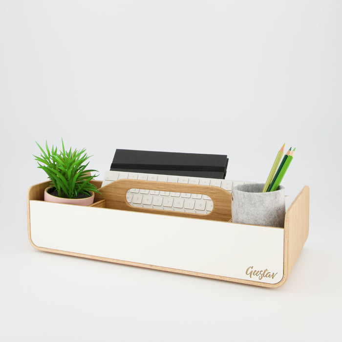 Gustav Lounger mobile desk organizer – side view with accessories
