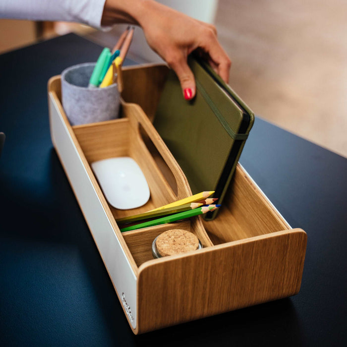 Gustav Lounger mobile desk organizer – angled view with accessories