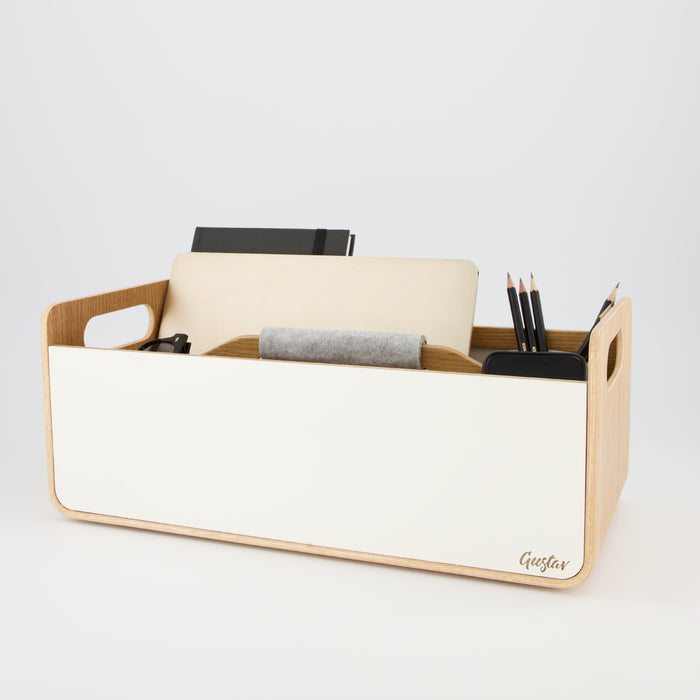 Gustav Studio mobile desk organizer – lifestyle shot at a shared desk