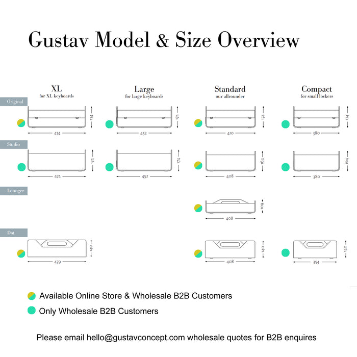 Gustav Studio mobile desk organizer – size overview with model for scale