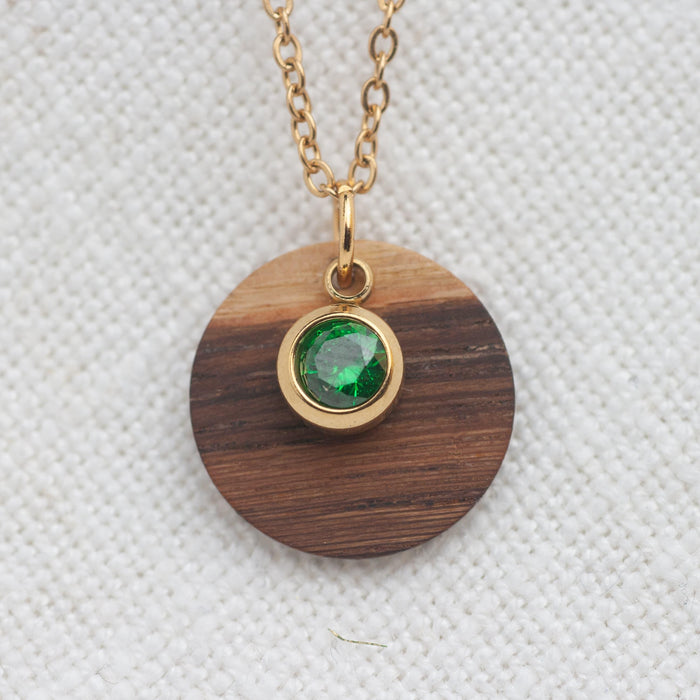 Halskette Geburtsstein „Mai“ | Zirkonia Smaragd - Holzschmuck Astwerk
