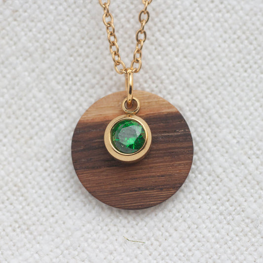 Halskette Geburtsstein „Mai“ | Zirkonia Smaragd - Holzschmuck Astwerk