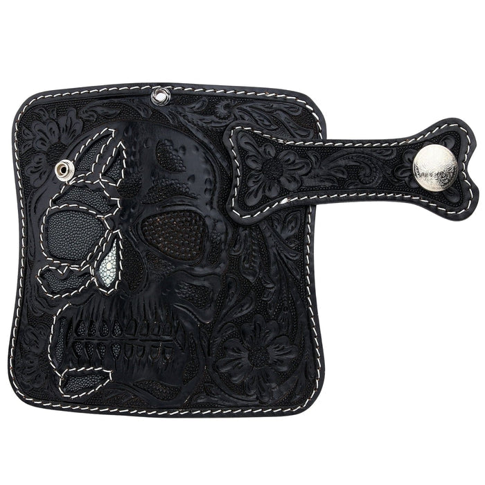The handcrafted biker wallet laid open flat, showing the full stingray skull inlay and hand-tooled exterior.