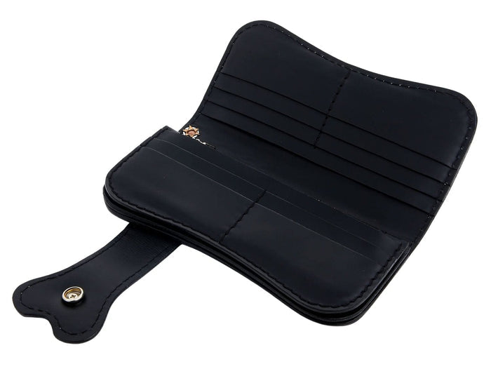 The black leather interior of the long biker wallet, showing 10 card slots, 3 bill slots, and a zip pocket.