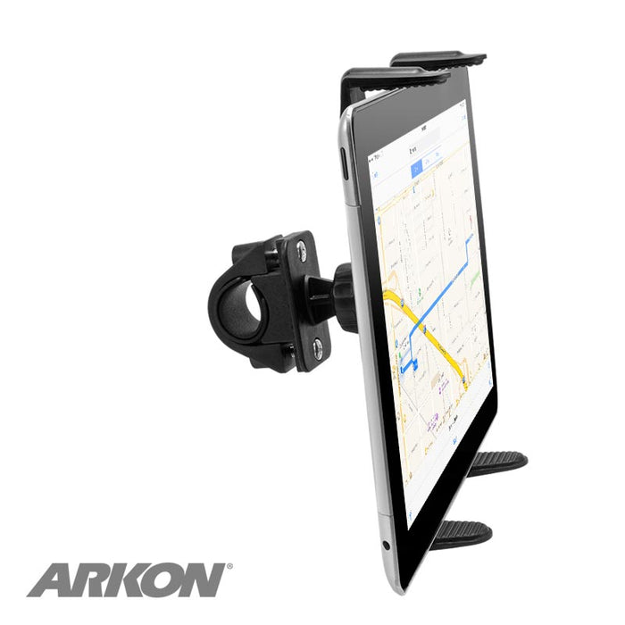A Handlebar Slim-Grip® Tablet Mount for iPad, Note, and more holds a tablet displaying a map on a black handlebar, with the ARKON logo in the bottom left corner against a white background.