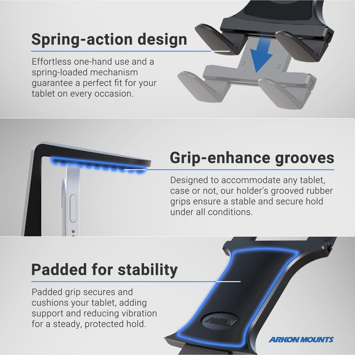 The Handlebar Slim-Grip® Tablet Mount for iPad, Note, and more features a spring-action design, grip-enhance grooves, and padded grips for secure tablet support. Arkon Mounts logo displayed in the bottom right corner.