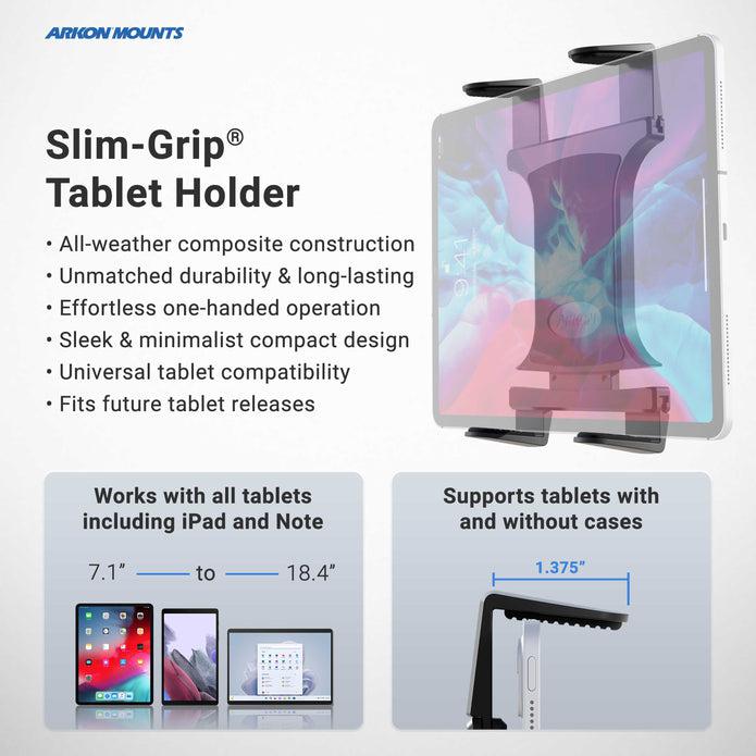 Graphic showing the Handlebar Slim-Grip® Tablet Mount for iPad, Note, and more attached to a tablet; features durable construction and simple use—perfect as a boat or handlebar mount for tablets 7.1–18.4 inches, with or without cases.