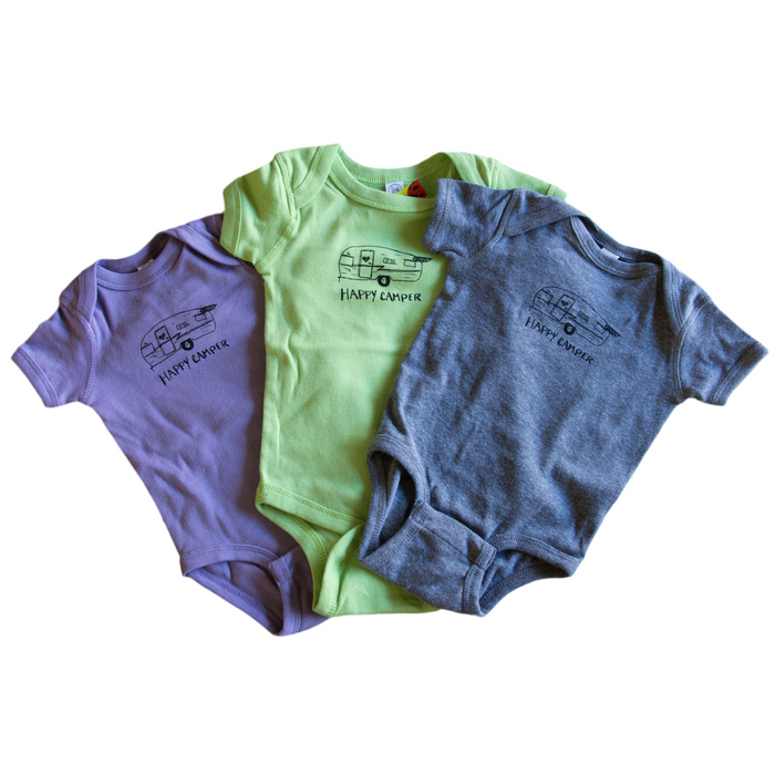 Happy Camper Onesie, eco-friendly waterbased inks