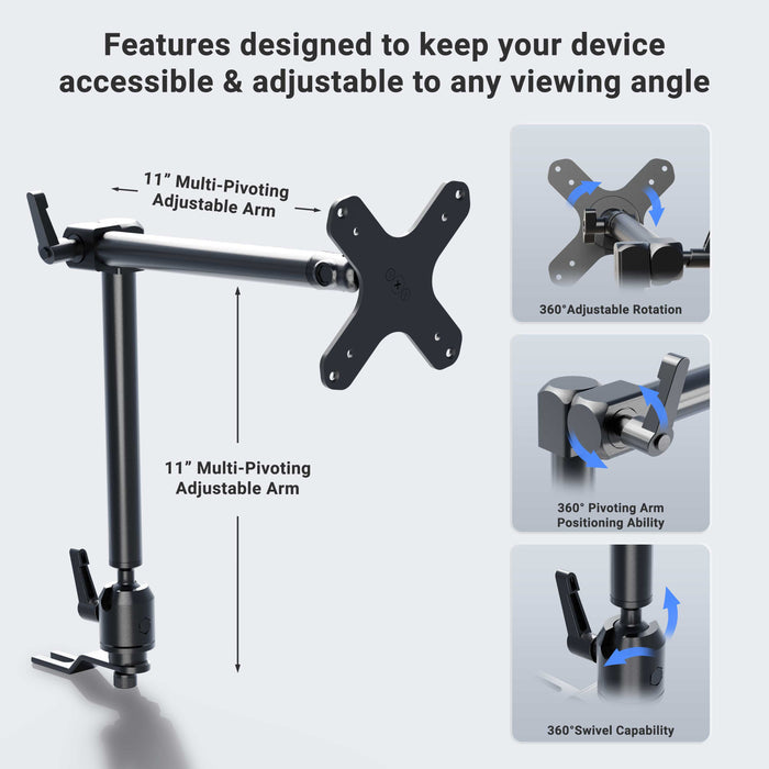 Heavy-Duty Car Seat Rail Mount with 22-inch adjustable arm and VESA 75/100 compatibility, shown in black. Insets highlight 360° rotation, pivot, and swivel for flexible positioning and versatile use.