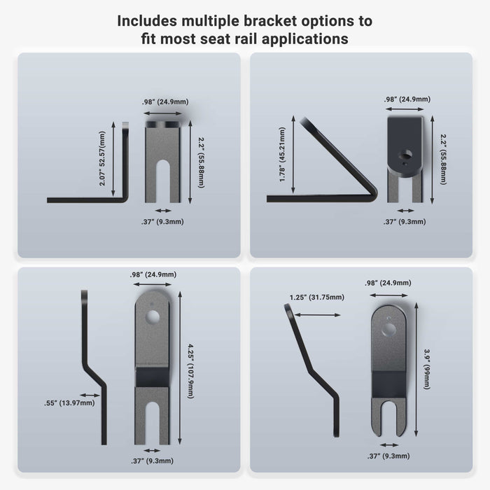 Four heavy-duty seat rail or floor mounting brackets for the 22 adjustable Dual-T compatible pedestal are shown from several angles, with measurements and features highlighted to show compatibility with most seat rail setups. Text: Includes multiple bracket options.