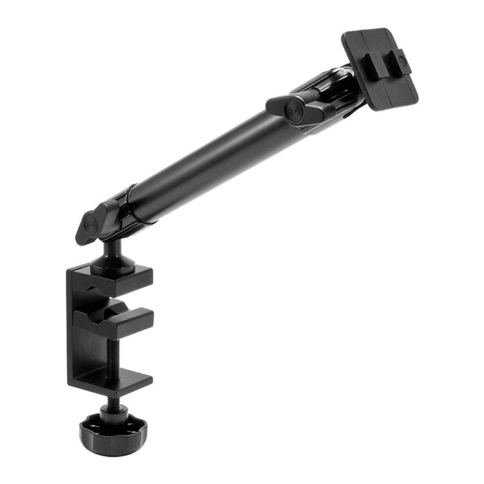 The Heavy-Duty Clamp Mounting Pedestal with 10 Arm - Dual-T Compatible features a secure table clamp, adjustable joints for flexible positioning, and a flat mounting plate for attaching devices to desks or tables.