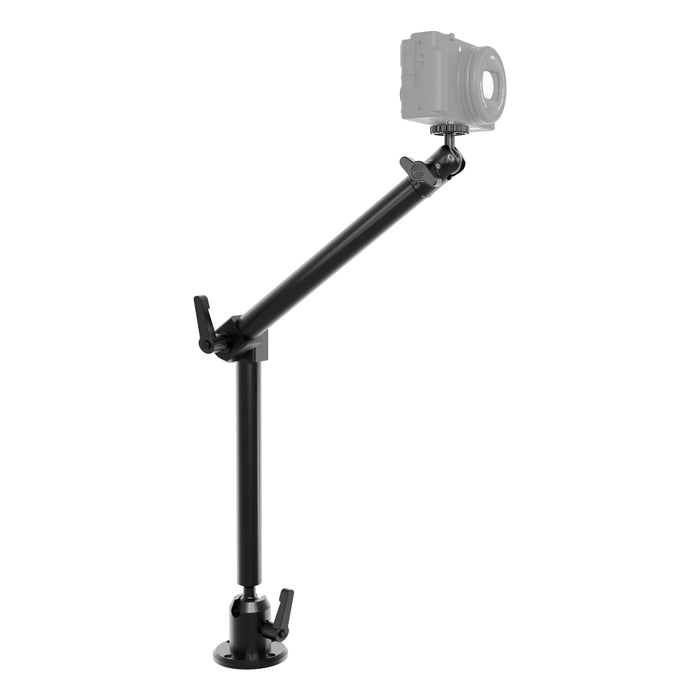 The Heavy-Duty Drill-Base Camera Mount with 22 Adjustable Arm features two locking joints and a camera mounted at the top, secured to a round base on a flat surface against a white background.