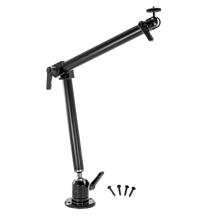 The Heavy-Duty Drill-Base Camera Mount with 22 Adjustable Arm in black metal features joints and levers, stands on a round base, and comes with five screws for easy installation—perfect for securely mounting security cameras.