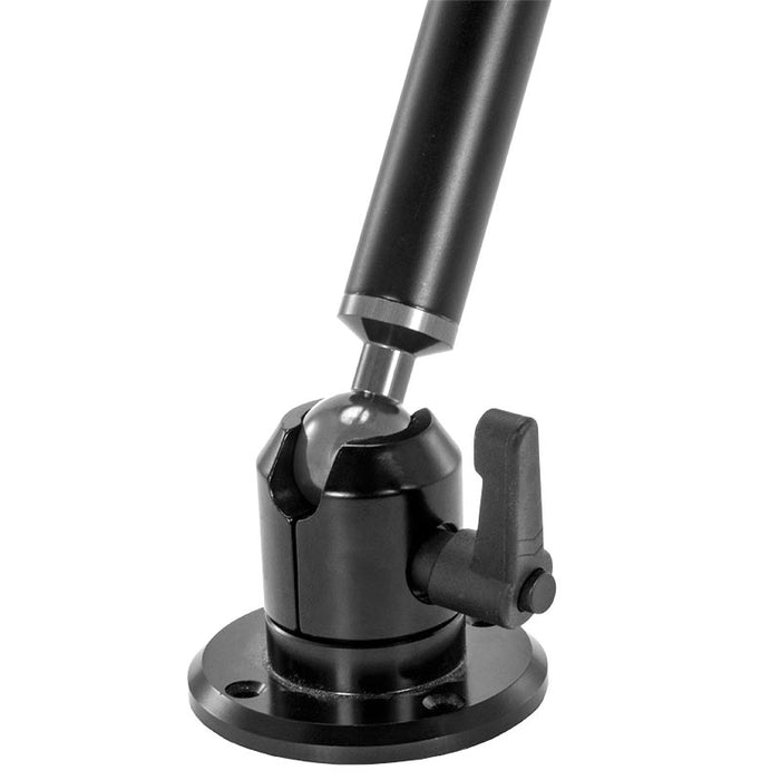 A close-up of the Heavy-Duty Drill-Base Camera Mount with 22 Adjustable Arm, featuring a black ball-and-socket joint, tightening lever, and screw-hole base—ideal for securely mounting security cameras.