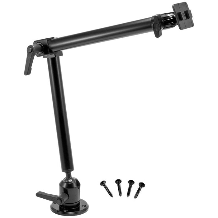 The Heavy-Duty Drill-Base Mounting Pedestal with 22 adjustable arm (Dual-T compatible) features joint levers, a square drill-base, and four black screws in a row—all shown on a white background.