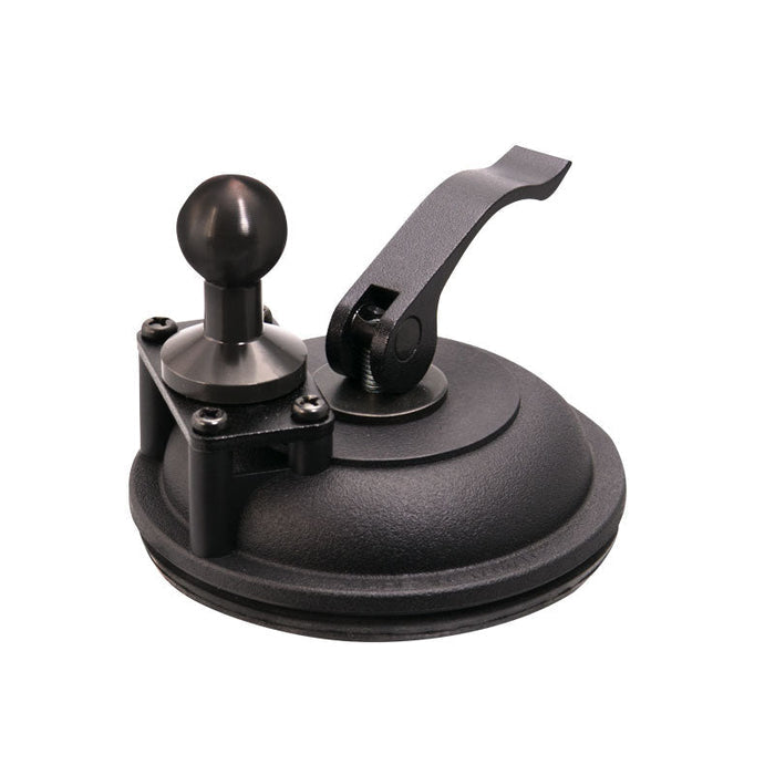 The Heavy-Duty Windshield Suction Base with Metal 20mm Ball is a black, round vacuum suction cup with lever handle and knob, built for lifting glass or smooth surfaces. Shown on a white background.