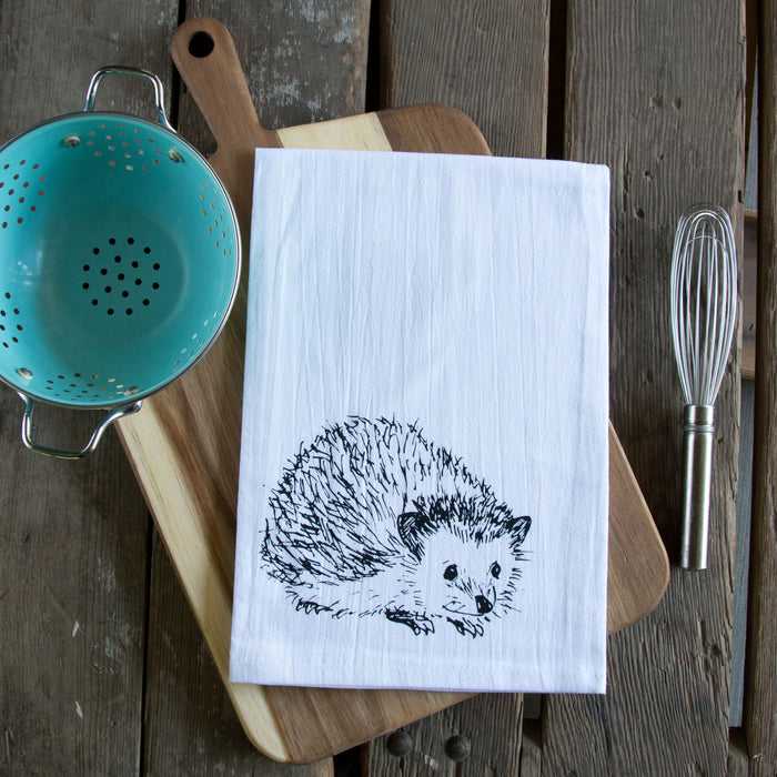 Hedgehog Tea Towel, screen printed flour sack towel