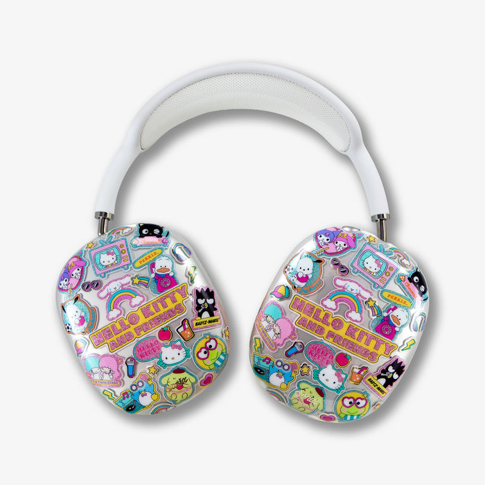 Top view of AirPods Max cover with Hello Kitty & Friends sticker collage on earcups against white background