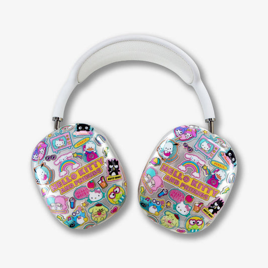 Top view of AirPods Max cover with Hello Kitty & Friends sticker collage on earcups against white background