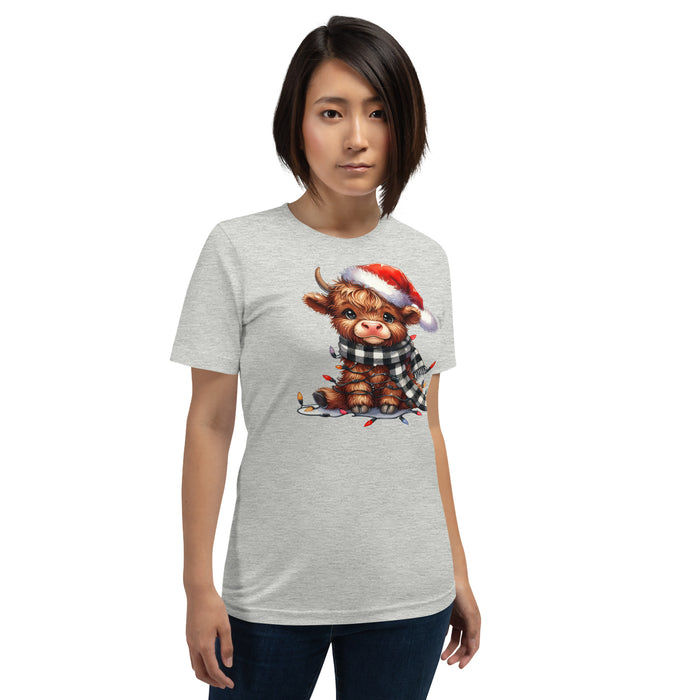 Santa hat Highland cow shirt wrapped in lights with festive design