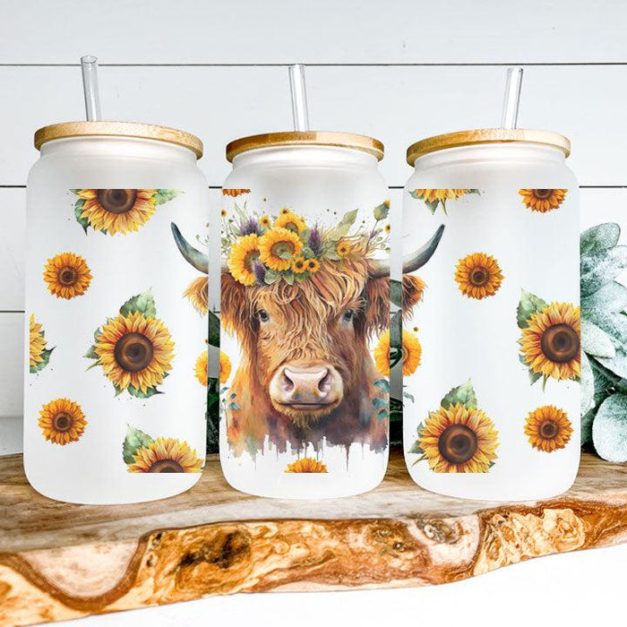 16 oz Libby Glass Can Tumbler featuring Highland cow with sunflowers in rustic western style