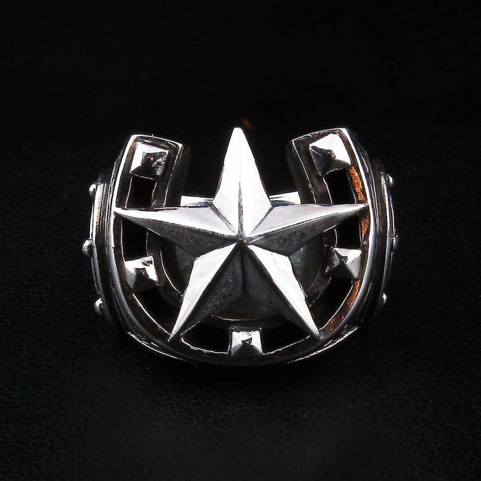 Front view of 925 sterling silver horseshoe ring with raised five-pointed star and nail hole details