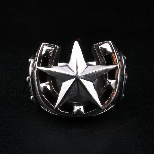 Front view of 925 sterling silver horseshoe ring with raised five-pointed star and nail hole details