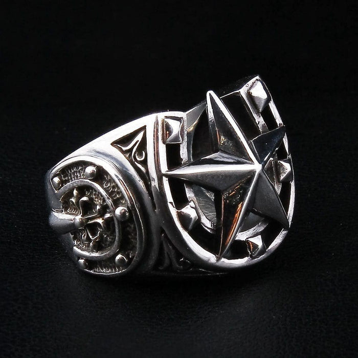 Left side profile of horseshoe star ring displaying hand-carved ship's helm wheel design on shank