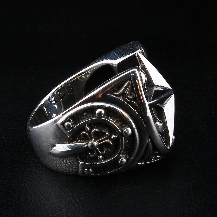 Rear angle view of 925 silver horseshoe star ring highlighting solid construction and oxidized helm details