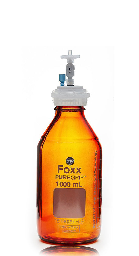 HPLC Solvent Reservoir Bottle Assembly, GL45, 1L Amber, Class VI Polytetrafluoroethylene (PTFE) Adapter,  1 Ports for 3.2mm(1/8") or 1.6mm(1/16") OD | img_1 | Foxx Life Sciences Global | shopfls.com